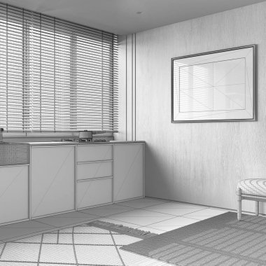 Tamamlanmamış proje taslağı, ahşap duvarlı Japon mutfağı ve çerçeve modeli. Dolaplar, halılar ve dekorlar. En düşük iç tasarım