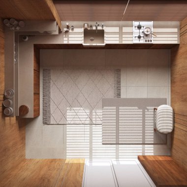 Bej renkli modern ahşap mutfak. Dolaplar ve raflar, lavabo ve aletler. Yerdeki mermer fayanslar ve halılar. Manzara, plan, yukarısı. Çiftlik evi iç tasarımı