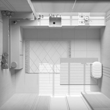 Tamamen beyaz proje taslağı, modern ahşap mutfak. Dolaplar ve raflar, lavabo ve aletler. Yerdeki mermer fayanslar ve halılar. Manzara, plan, yukarısı. Çiftlik evi iç tasarımı