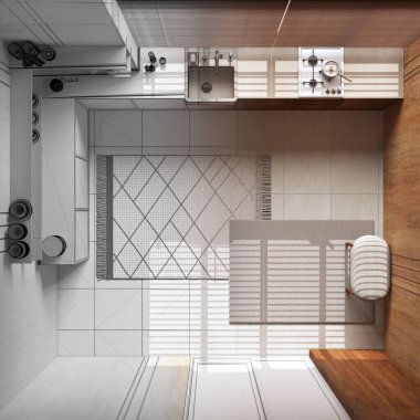 Mimar iç mimar konsepti: elle çizilmiş tamamlanmamış proje gerçek, çağdaş ahşap mutfak haline geliyor. Manzara, plan, yukarısı. Çiftlik evi tarzı