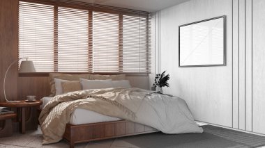 Mimar iç mimar konsepti: elle çizilmiş tamamlanmamış proje, tahta duvarlı ve çerçeve modelli Japonya yatak odası. Asgari biçim