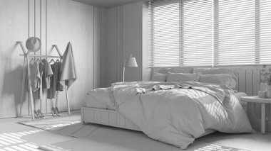 Tamamen beyaz proje taslağı, ahşap, rahat yatak odası. Yastıklı ve yorganlı ana yatak, panjurlu pencere, halılar ve dekorlar. En düşük iç tasarım