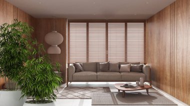 Saksı bambu bitkisi, doğal iç tasarım konsepti, kumaş kanepeli japandi oturma odası, asgari modern mimari konsepti.