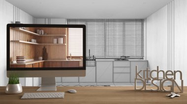 Mimari tasarım proje konsepti, anahtarlı ahşap masa, 3 boyutlu harfler mutfak tasarımı ve masaüstü taslağı, arka planda taslak CAD taslağı, minimal iç tasarım