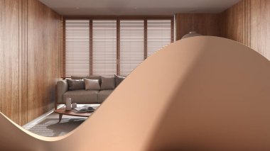 Soyut mimari arka plan, dalgalı akışkan şekil, yaratıcı duvar, japandi ahşap oturma odası kumaş kanepe ve pencereli minimal tarzda. İç tasarım fikri