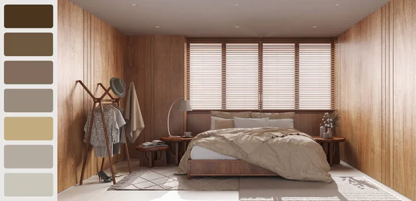 Interior design scene with palette color. Different colors and patterns. Architect and designer concept idea. Japandi wooden bedroom with double bed and coat hanger
