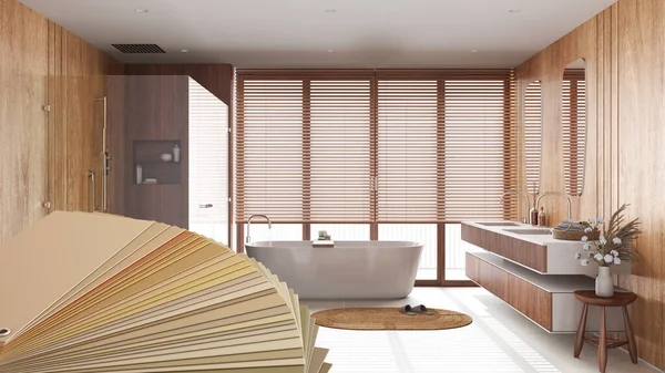 Color palette close up sample. Paint selection catalog over interior design scene, japandi wooden bathroom in minimal style. Freestanding bathtub and shower