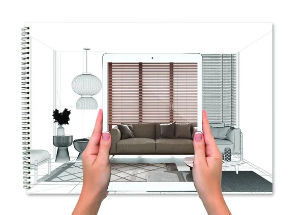 Hands Holding Tablet Showing Living Room Japandi Style Total Blank — Fotografia de Stock