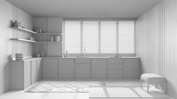 Progetto Total White Cucina Legno Japandi Armadi Scaffali Lavello Elettrodomestici — Foto Stock