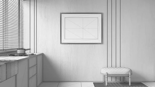 Blueprint Unfinished Project Draft Frame Mockup Home Interior Wooden Walls — Stock Photo, Image