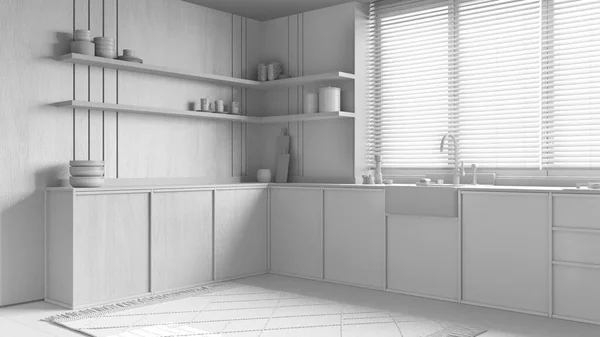 Общий Белый Проект Современная Деревянная Кухня Шкафы Раковина Полки Окно — стоковое фото