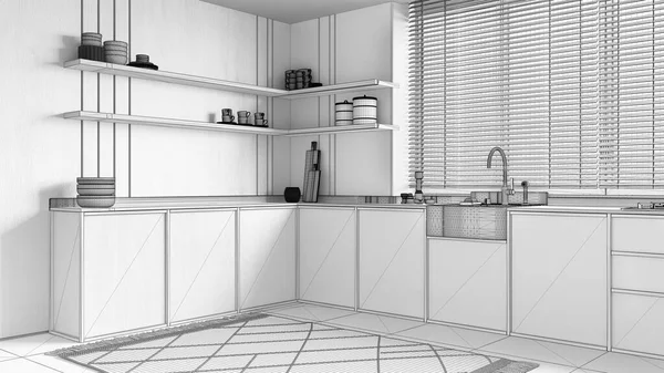 Blaupause Unvollendeter Projektentwurf Moderne Holzküche Schränke Waschbecken Und Regale Fenster — Stockfoto