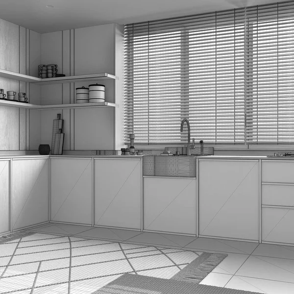 Plan Niedokończonego Projektu Minimalistyczna Kuchnia Drewnianymi Ścianami Szafy Półki Duże — Zdjęcie stockowe