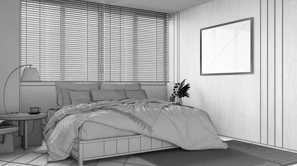 Blueprint Unfinished Project Draft Japandi Bedroom Wooden Walls Frame Mockup — Stock Photo, Image