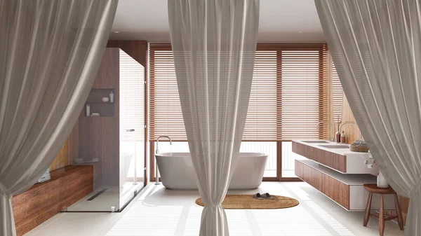 Beyaz Perdeler Ahşap Banyoyu Küvetle Kaplar Rahat Tasarım Kırpma Yolu — Stok fotoğraf