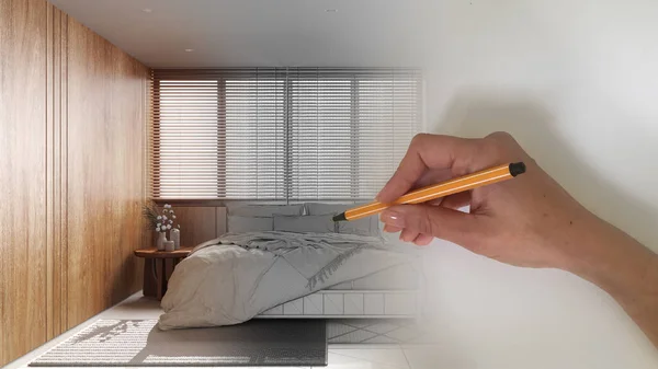 Architect interior designer concept: hand drawing a design interior project while the space becomes real, wooden bedroom with double bed with duvet, big window