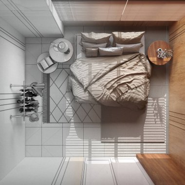Mimari iç mimar konsepti: elle çizilmiş tamamlanmamış proje gerçek, minimalist tahta duvarlı yatak odası haline geliyor. Yastıklı çift kişilik yatak. Üst görünüm, plan, yukarıda