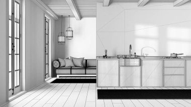 Tamamlanmamış proje taslağı, modern moda mutfak ve oturma odası. Tahta dolaplar ve kumaş kanepe. Minimalist çiftlik evi iç tasarımı