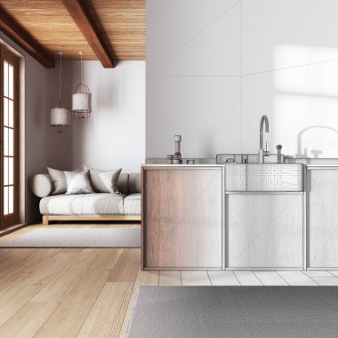 Mimar iç mimar konsepti: elle çizilmiş tamamlanmamış proje gerçek, japandi modasına uygun mutfak ve oturma odası haline geliyor. Tahta dolaplar ve kumaş kanepe. Minimalist stil