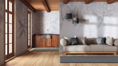 Gri ve bej renkli duvar kağıtları olan modern moda oturma odası ve mutfak. Tahta dolaplar ve kumaş kanepe. Minimum çiftlik evi iç tasarımı