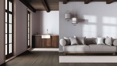 Beyaz ve bej renkli duvar kağıtlarıyla modern moda oturma odası ve mutfak. Koyu ahşap dolaplar ve kumaş kanepe. Minimum çiftlik evi iç tasarımı