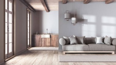 Beyaz ve bej renkli duvar kağıtlarıyla modern moda oturma odası ve mutfak. Beyazlatılmış ahşap dolaplar ve kumaş kanepe. Minimum çiftlik evi iç tasarımı