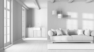 Tamamen beyaz proje taslağı, modern moda oturma odası ve mutfak. Tahta dolaplar ve kumaş kanepe. Minimum çiftlik evi iç tasarımı