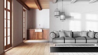 Mimar iç mimar konsepti: elle çizilmiş tamamlanmamış proje gerçek, modern moda oturma odası ve mutfak haline geliyor. Asgari çiftlik tarzı