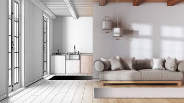 Mimar iç mimar konsepti: elle çizilmiş tamamlanmamış proje gerçek, modern moda oturma odası ve mutfak haline geliyor. Asgari çiftlik tarzı