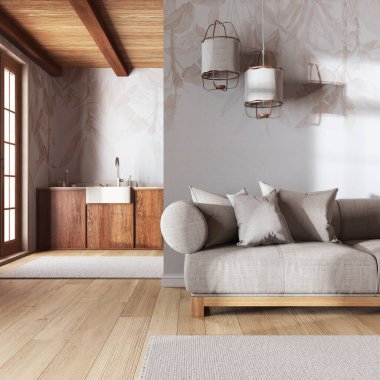 Japandi 'nin moda oturma odası ve mutfağı beyaz ve bej renkli duvar kağıtlarıyla kaplı. Ahşap dolaplar, modern kumaş kanepe. En düşük iç tasarım