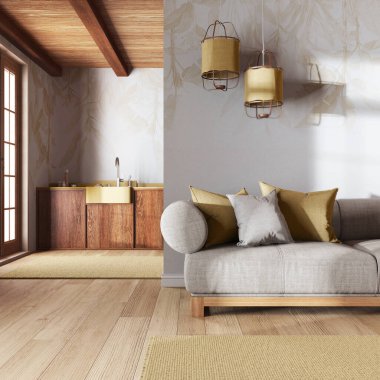 Japandi 'nin moda oturma odası ve mutfağı sarı ve bej renkli duvar kağıtlarıyla kaplı. Ahşap dolaplar, modern kumaş kanepe. En düşük iç tasarım