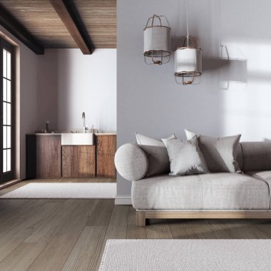 Japandi 'nin moda oturma odası ve mutfağı beyaz ve bej renkli duvar kağıtlarıyla kaplı. Koyu ahşap dolaplar, modern kumaş kanepe. En düşük iç tasarım