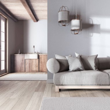 Japandi 'nin moda oturma odası ve mutfağı beyaz ve bej renkli duvar kağıtlarıyla kaplı. Beyazlatılmış ahşap dolaplar, modern kumaş kanepe. En düşük iç tasarım