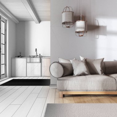 Mimar iç mimar konsepti: elle çizilmiş tamamlanmamış proje gerçek, japandi modasına uygun oturma odası ve mutfak. Tahta dolaplar ve kumaş kanepe. Asgari biçim