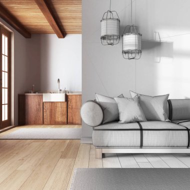 Mimar iç mimar konsepti: elle çizilmiş tamamlanmamış proje gerçek, japandi modasına uygun oturma odası ve mutfak. Tahta dolaplar ve kumaş kanepe. Asgari biçim