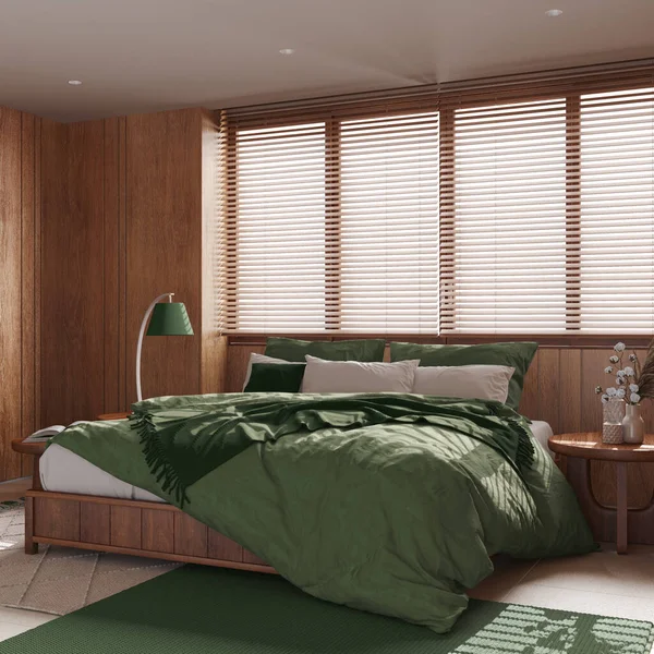 Modern wooden bedroom in green and beige tones. Master bed with pillows and duvet, window with venetian blinds, carpets and decors. Minimal interior design