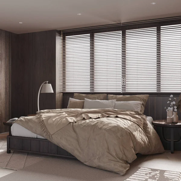 Modern dark wooden bedroom in beige tones. Master bed with pillows and duvet, window with venetian blinds, carpets and decors. Minimal interior design