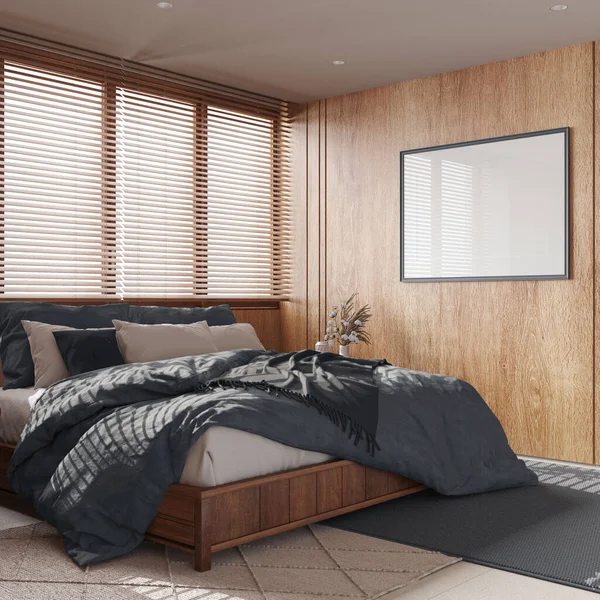 木製の壁とグレーとベージュのトーンでフレームモックアップと最小限のベッドルーム カーペット 装飾が施されたダブルベッド 現代の日本のインテリアデザイン — ストック写真