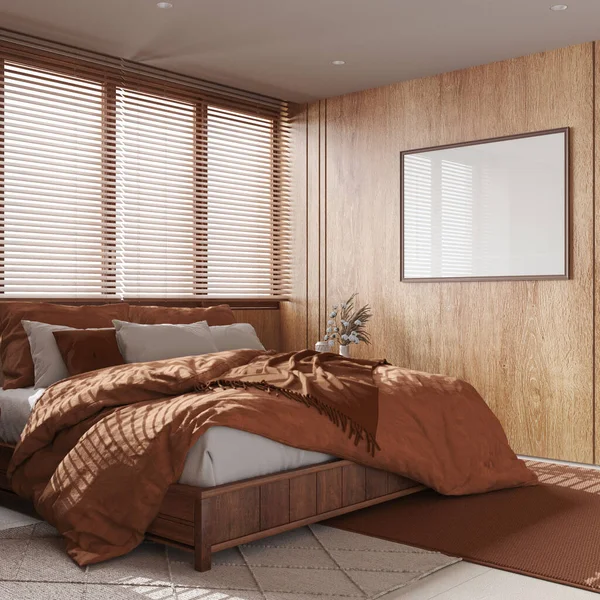 Minimum Yatak Odası Ahşap Duvarlar Çerçeve Modeli Turuncu Bej Renkler — Stok fotoğraf