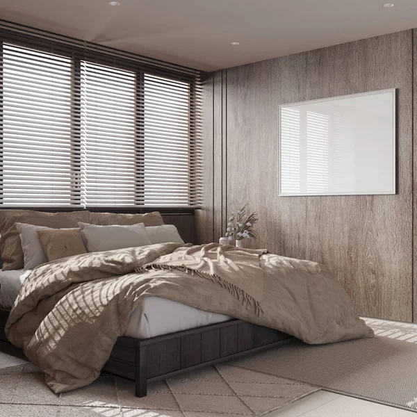 最小的卧室 有深色的木制墙壁和米色色调的框架模型 双人床 有枕头 地毯和装饰 现代日本室内设计 — 图库照片