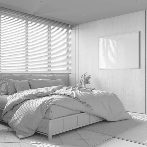 整个白色工程草案 最小的卧室与木制墙壁和框架模型 双人床 有枕头 地毯和装饰 现代日本室内设计 — 图库照片