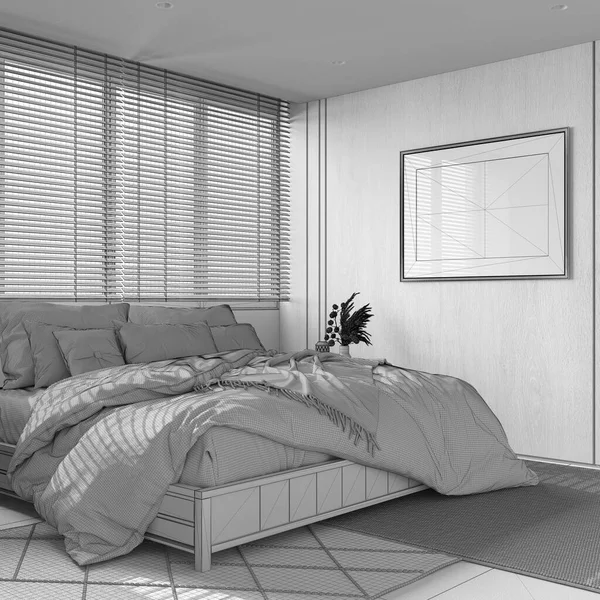 蓝图未完成的项目草稿 最小的卧室与木制墙壁和框架模型 双人床 有枕头 地毯和装饰 现代日本室内设计 — 图库照片
