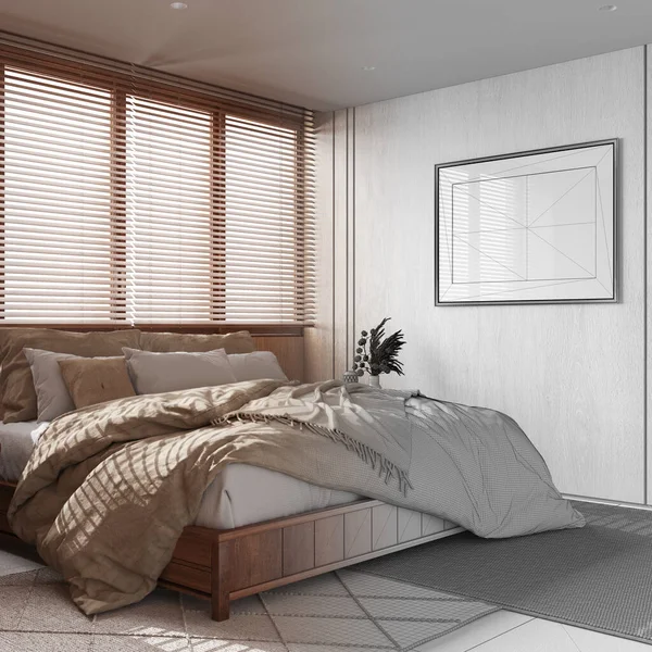 建築家のインテリアデザイナーの概念 木製の壁とフレームのモックアップと本物の 最小限の寝室になる手描きのドラフト未完成のプロジェクト 現代の日本的様式 — ストック写真