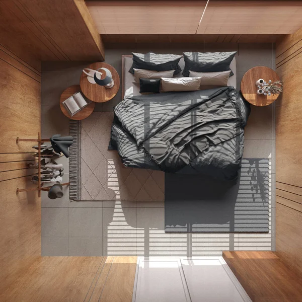 グレーとベージュのトーンで木製の壁とミニマリストの寝室 コートハンガー カーペットや装飾付きのダブルベッド 日本のインテリアデザイン トップビュー 上記の — ストック写真