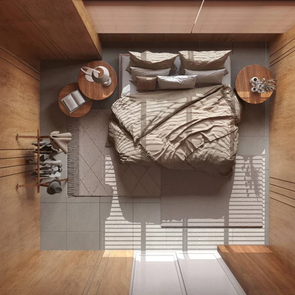 带有米色色调的木制墙壁的极简主义卧室 双人床 有枕头 地毯和装饰 日本室内设计 顶部视图 — 图库照片