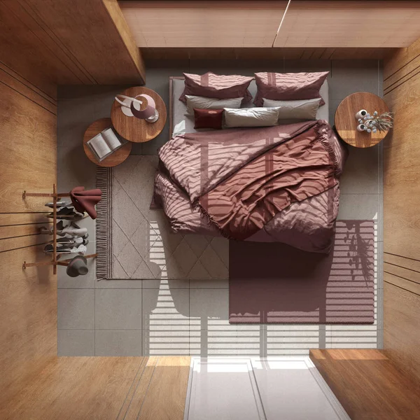 赤とベージュのトーンで木製の壁とミニマリストの寝室 コートハンガー カーペットや装飾付きのダブルベッド 日本のインテリアデザイン トップビュー 上記の — ストック写真