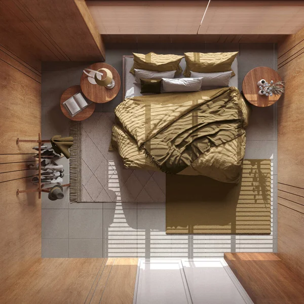 带有黄色和米黄色色调的木制墙壁的简约的卧室 双人床 有枕头 地毯和装饰 日本室内设计 顶部视图 — 图库照片