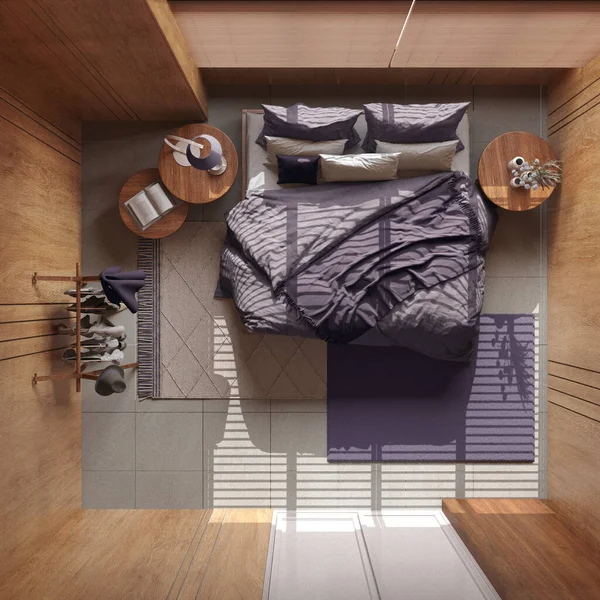 紫とベージュのトーンで木製の壁とミニマリストの寝室 コートハンガー カーペットや装飾付きのダブルベッド 日本のインテリアデザイン トップビュー 上記の — ストック写真