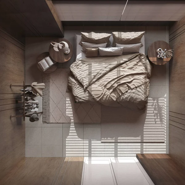 Minimalist bedroom with dark wooden walls in beige tones. Double bed with pillows, coat hanger, carpets and decors. Japandi interior design. Top view, plan, above