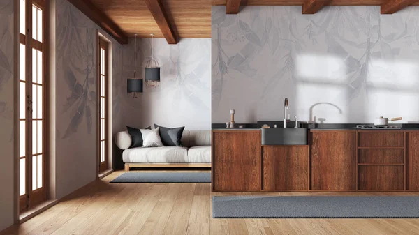 Moderne Trendy Keuken Woonkamer Met Behang Witte Grijze Tinten Houten — Stockfoto
